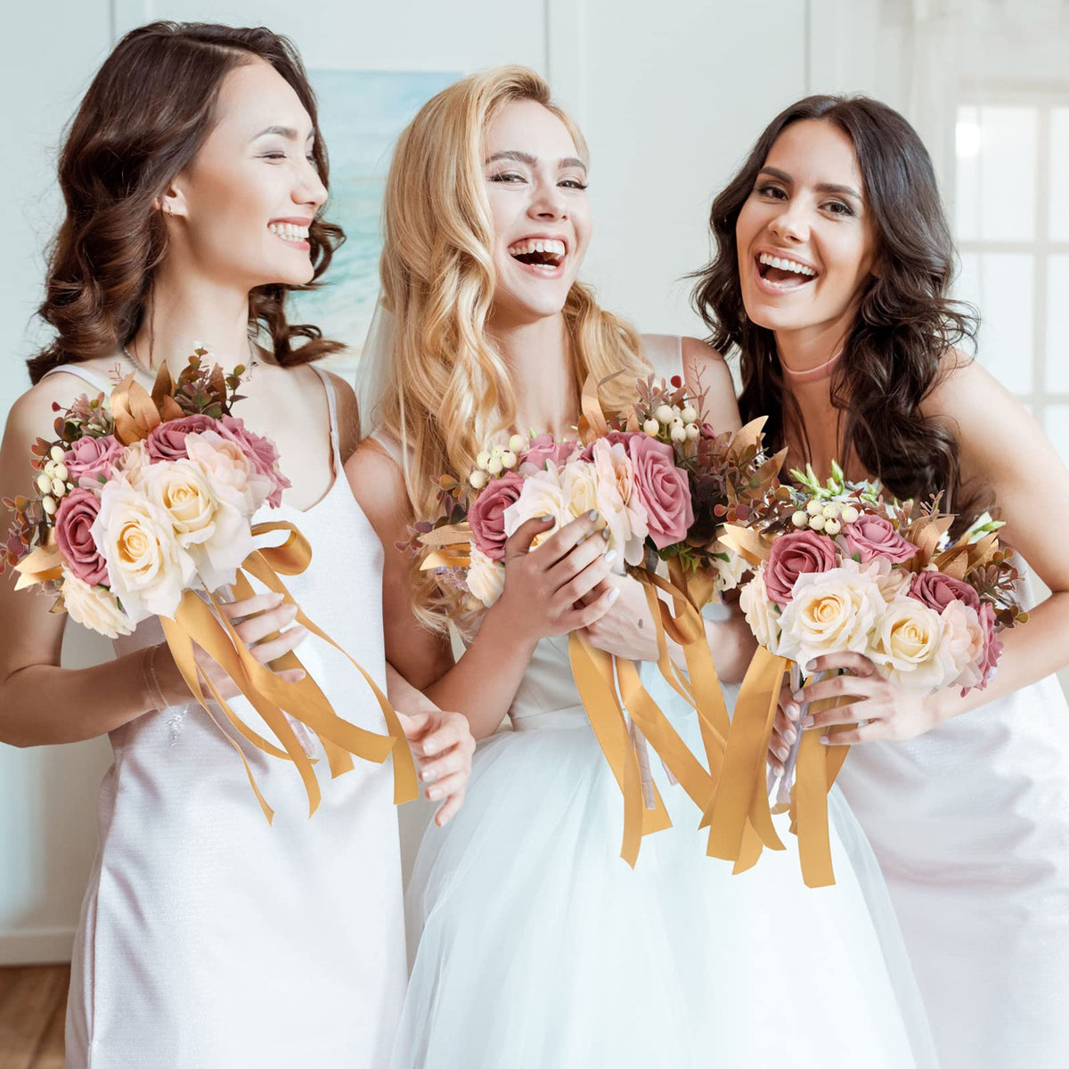 12 Pcs Artificial Bouquets and Boutonniere Set Rose White S155151