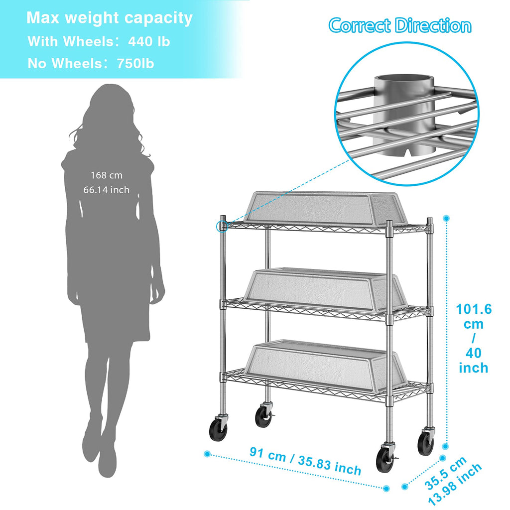 3-Tier Heavy Duty Metal Storage Shelves with Casters V58289