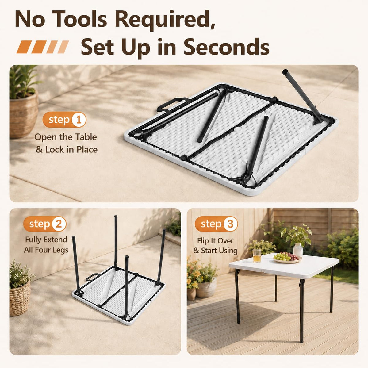 36" White Folding Table with Built-in Handle P38958