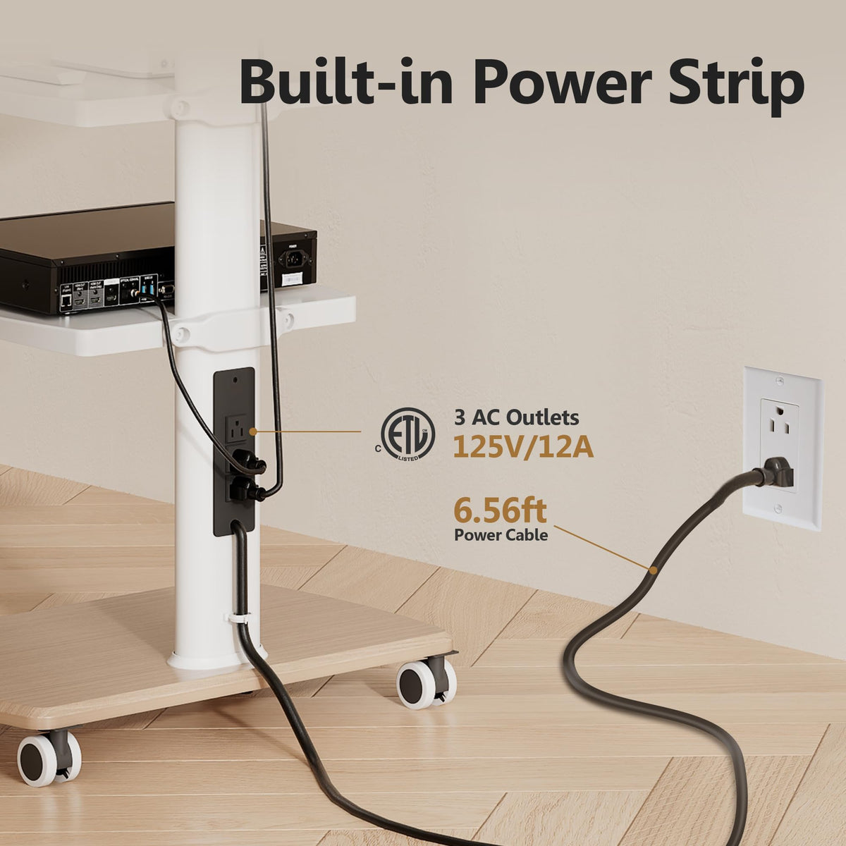 White Rolling TV Stand with Power Outlets Y998