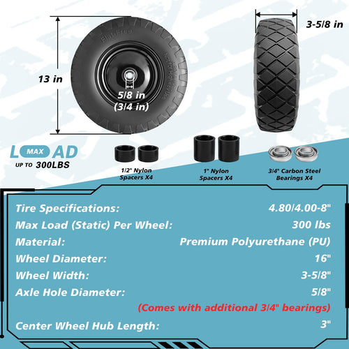 16" Flat Free Solid Rubber Wheelbarrow Wheels, 2 Pack P44142