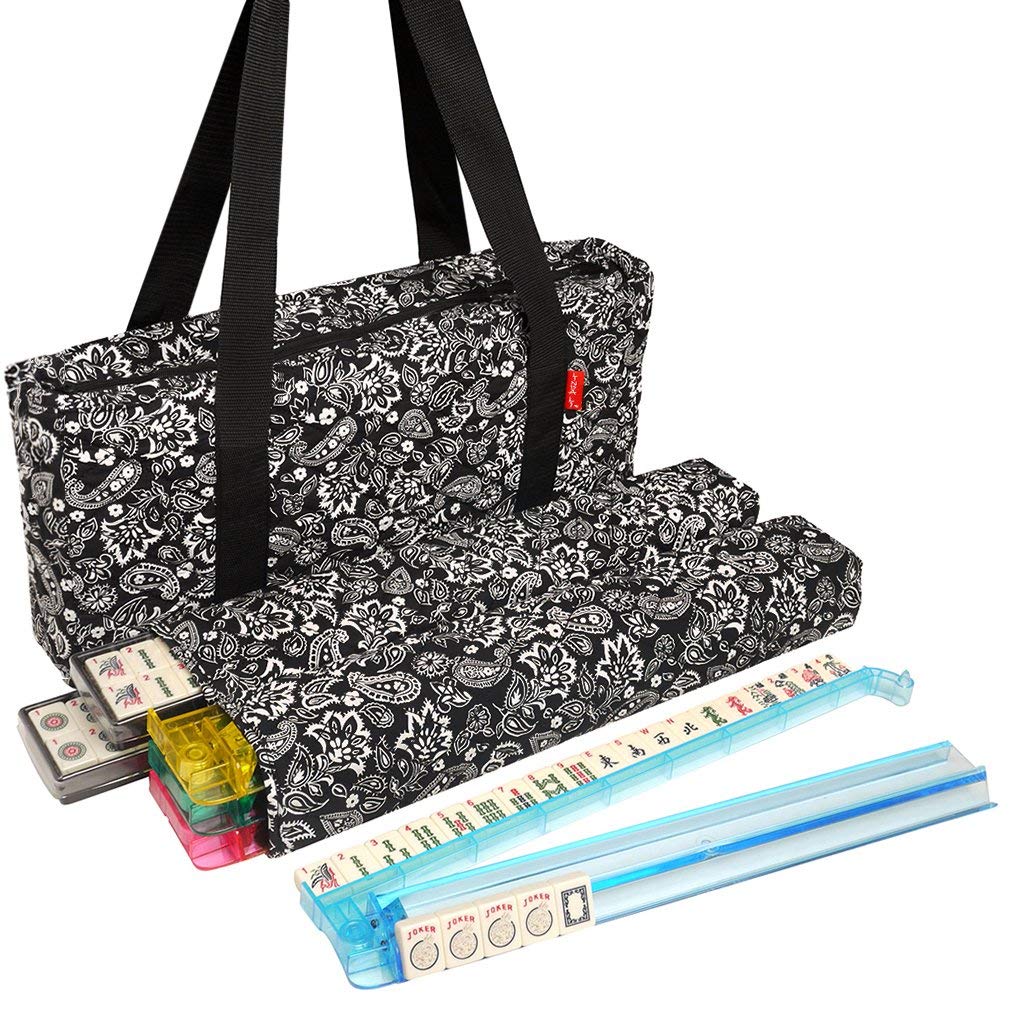 Black Paisley Mahjong Set with Soft Bag, 166 Ivory Colored Engraved Tiles, 4 All-in-One Rack/Pushers A616861