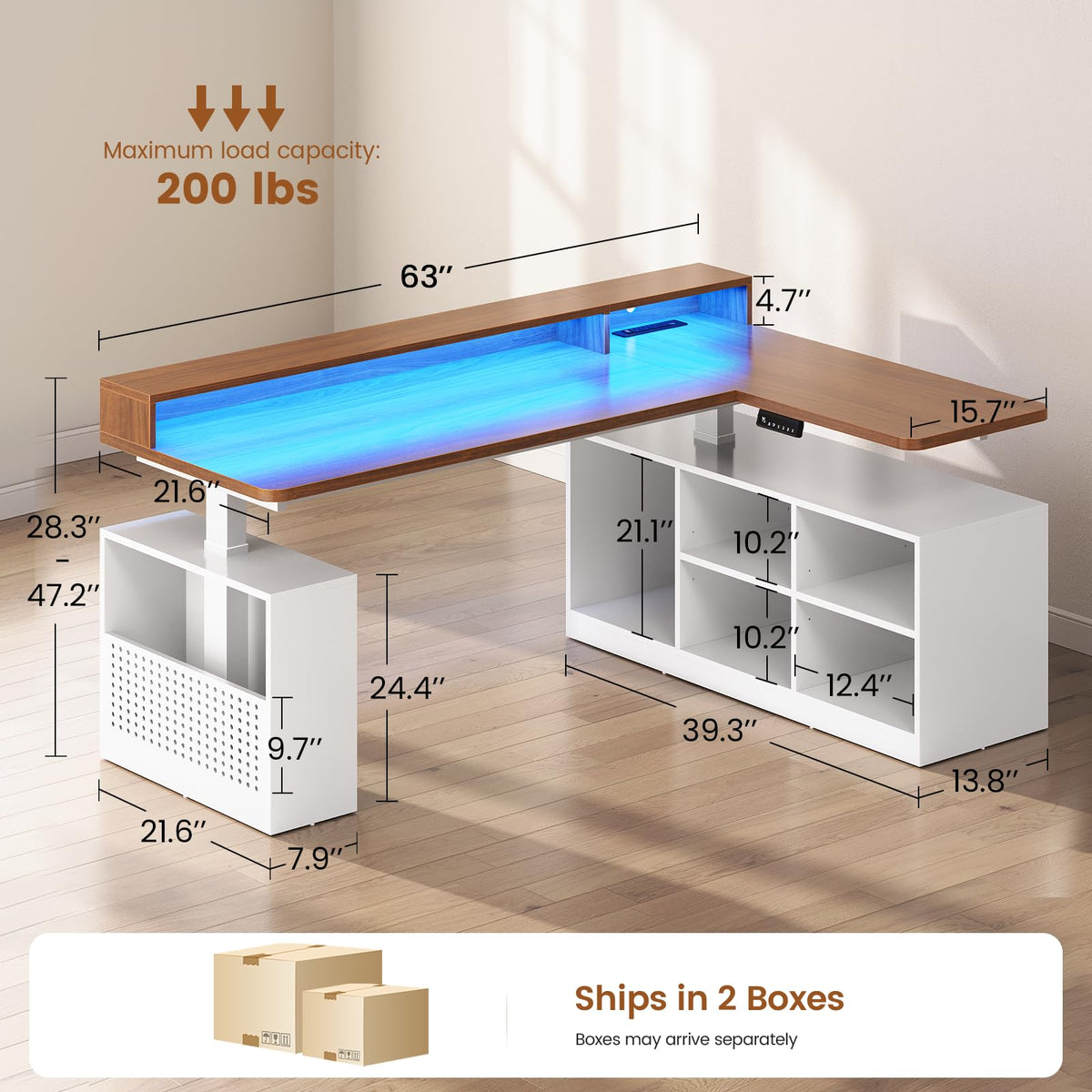 63" L Shaped Electric Standing Desk with Storage A501
