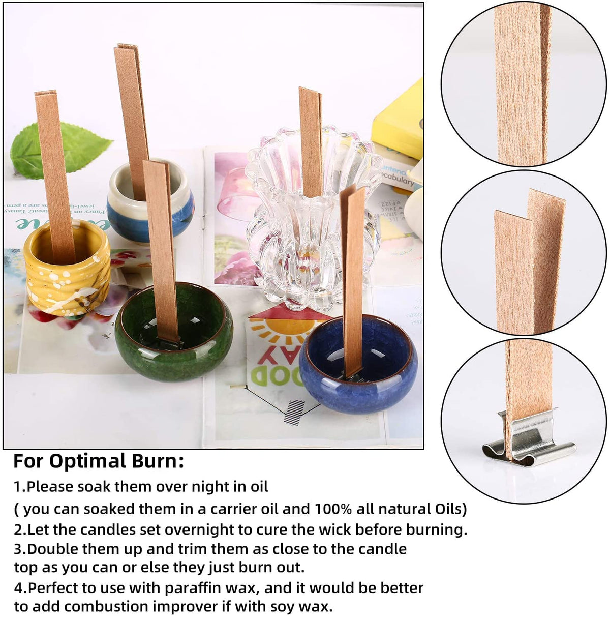 100 pcs 6 inch Wooden Candle Wicks with Metal Base Clip X254