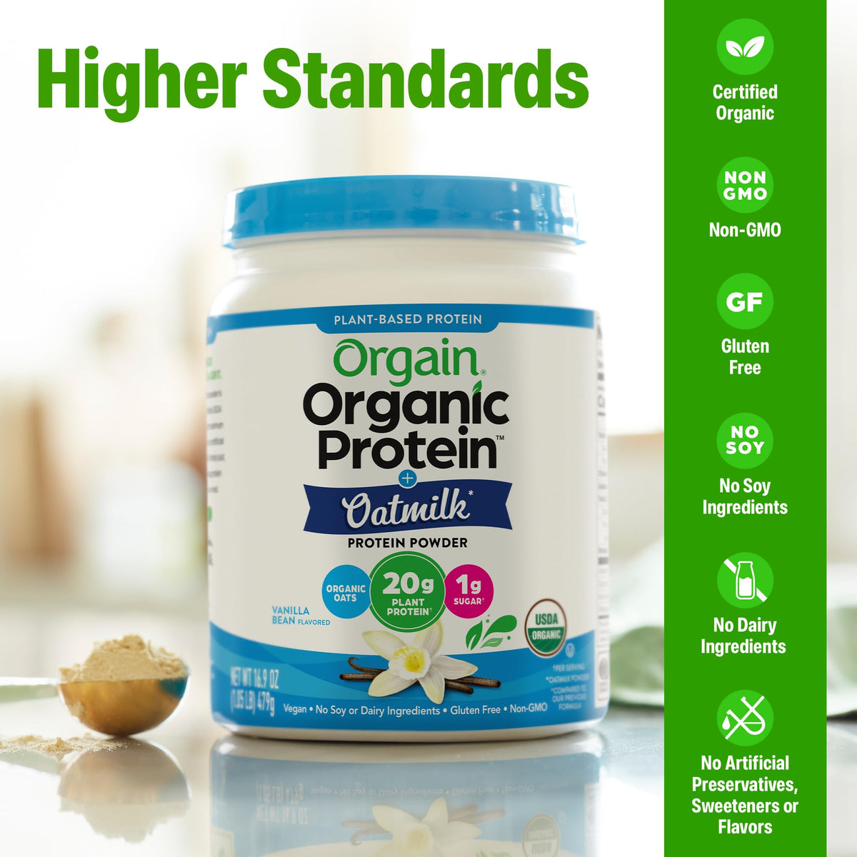 Organic Vegan Protein Powder + Oat Milk, Vanilla Bean, 20g Plant Based Protein, 1.05lb H949