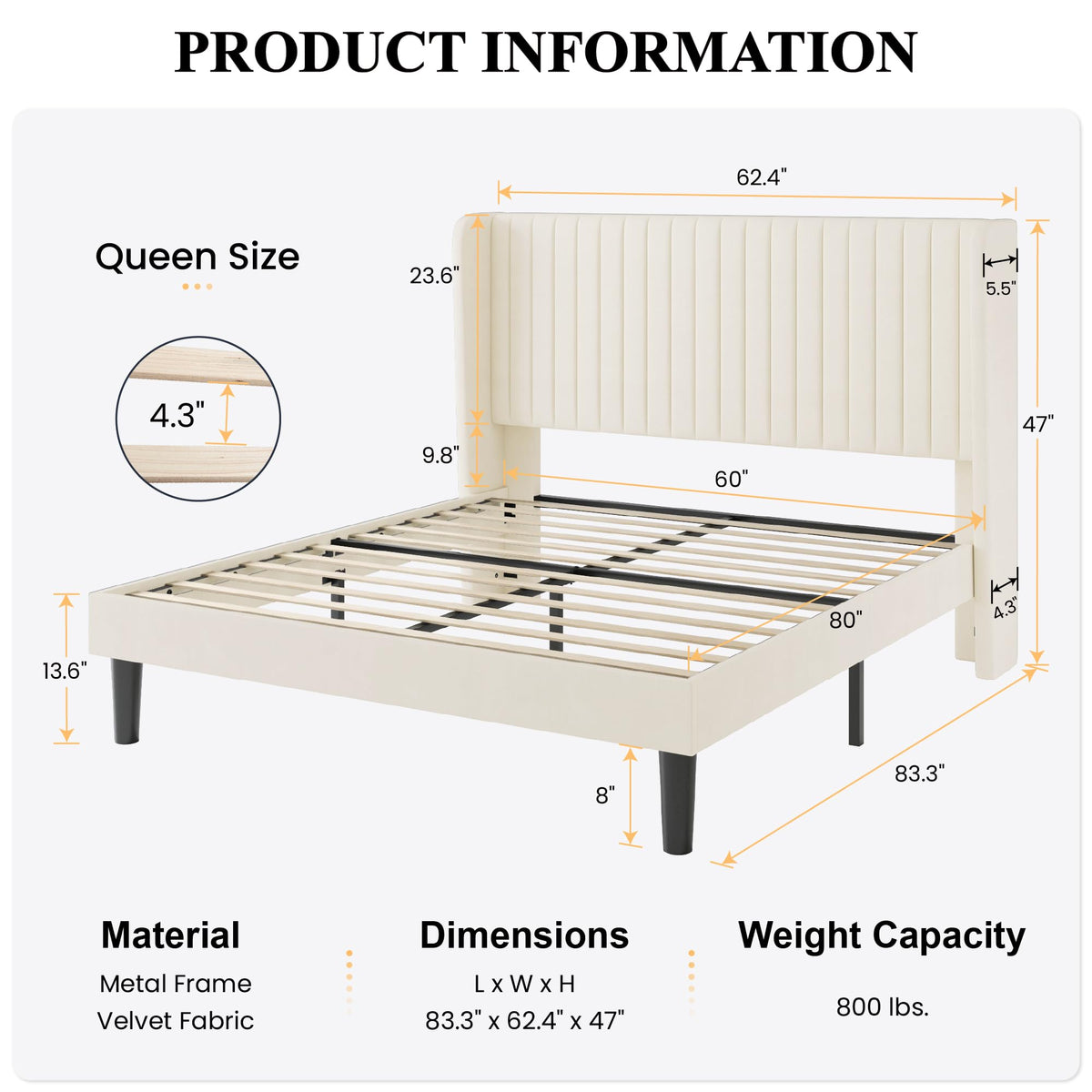 Queen Size Cream Velvet Bed Frame A54023