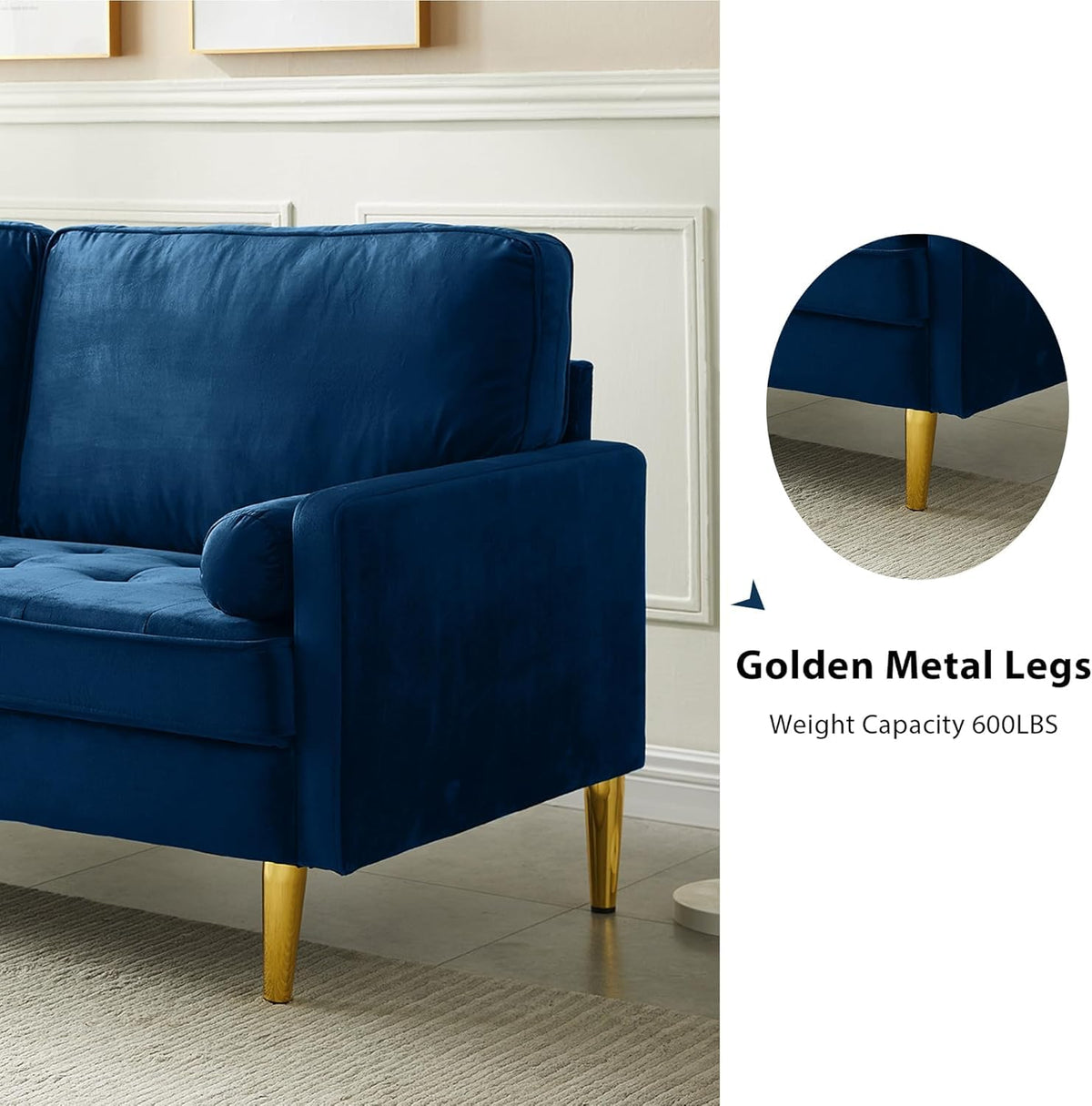 Navy Velvet 2-Seater Loveseat Sofa with Metal Legs J61774