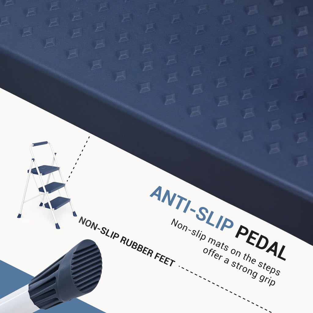 3 Step Ladder with Anti-Slip Pedal and Handrail, 500lbs Blue N31470