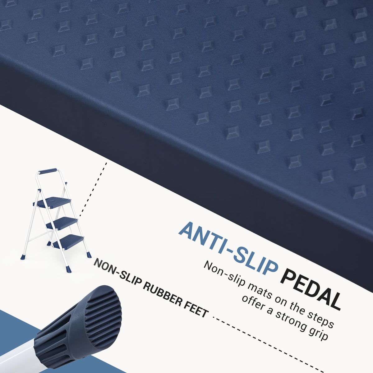 3 Step Ladder with Anti-Slip Pedal and Handrail, 500lbs Blue N31470