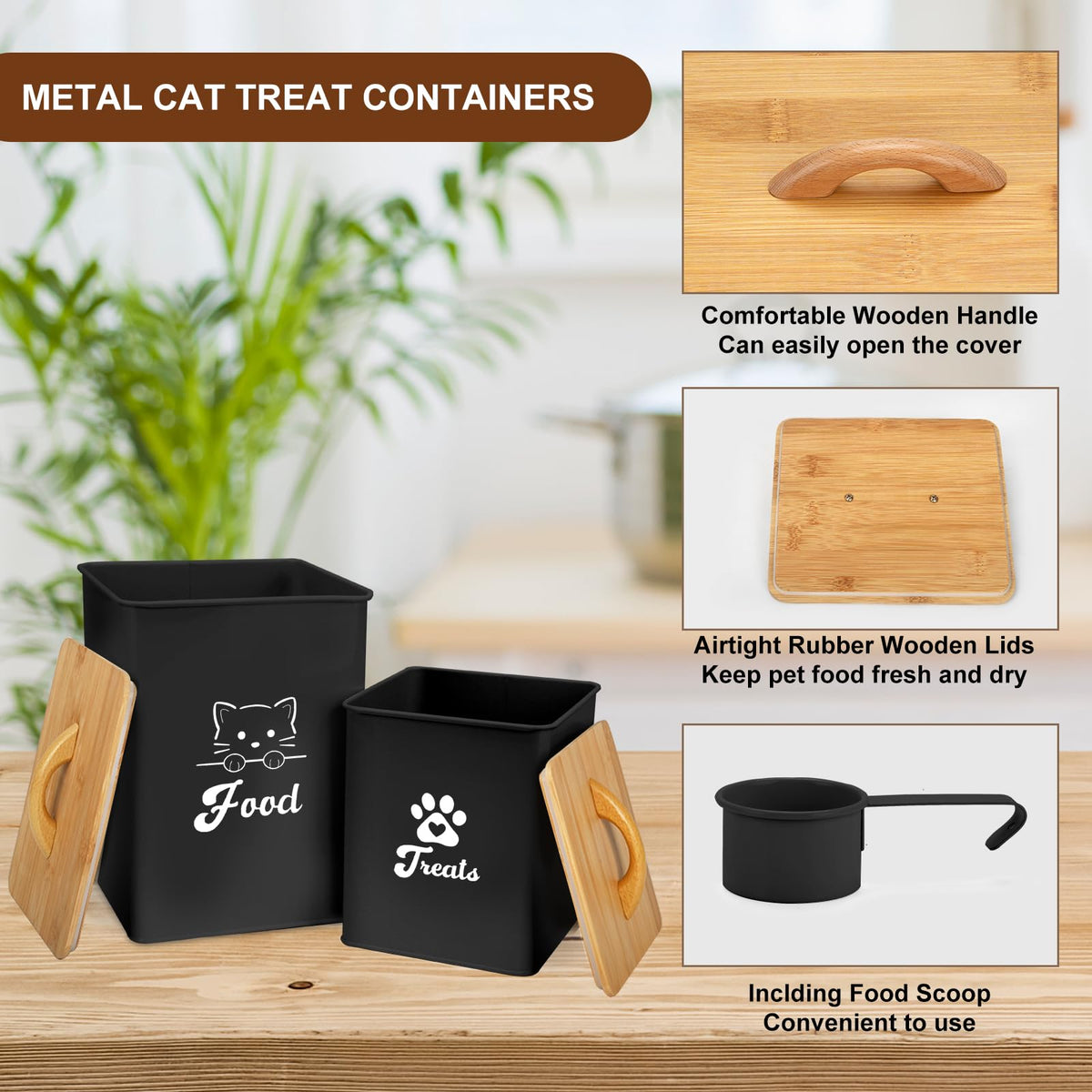Black Airtight Cat Food Storage Container with Scoop Y878714