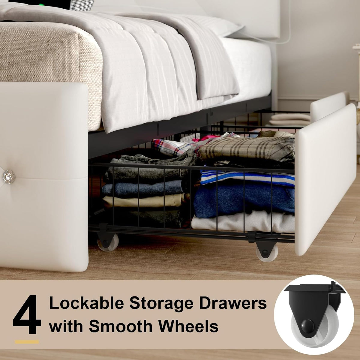 White PU Upholstered Full Size Bed Frame with 4 Storage Drawers I644
