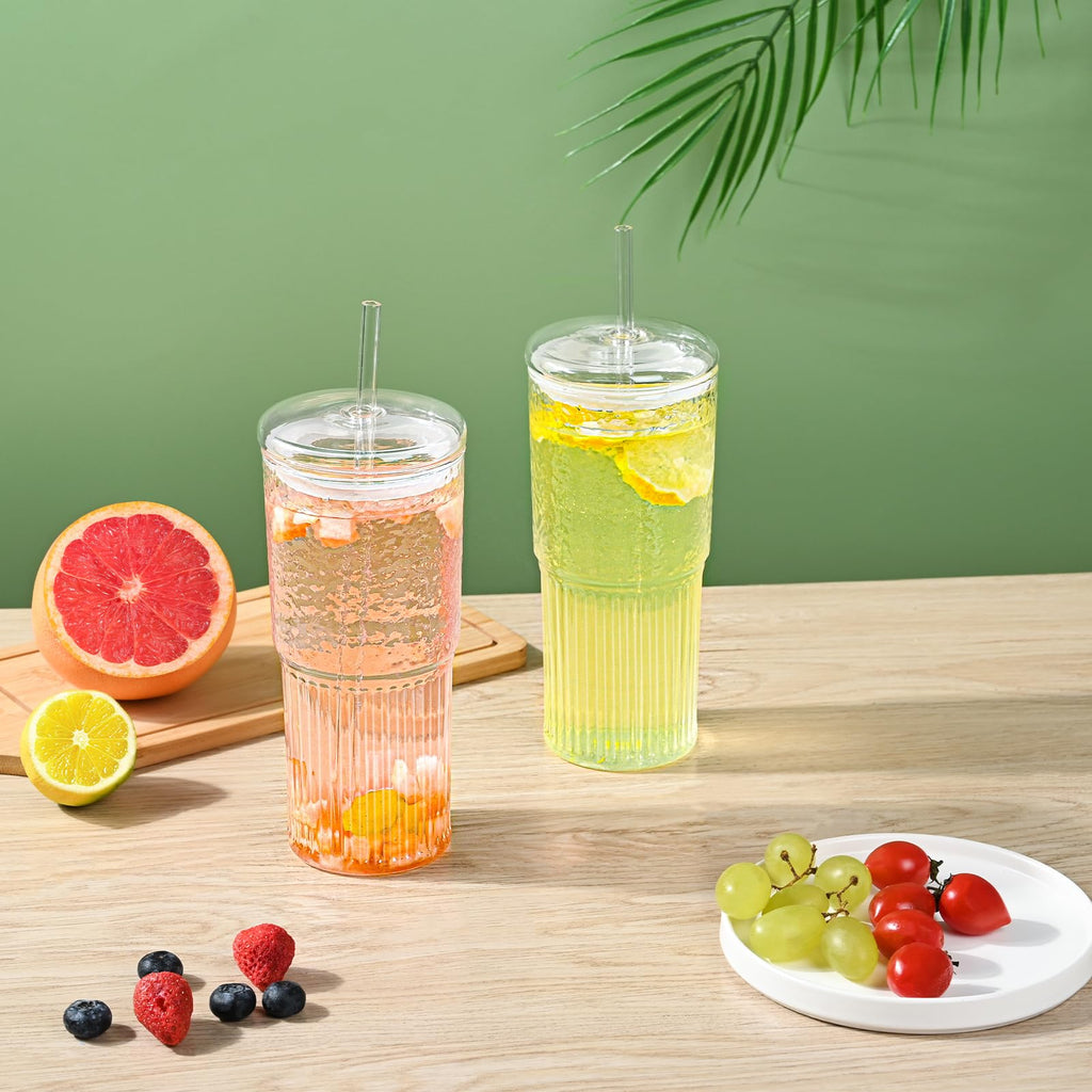 20 oz Glass Cups with Lids and Straws G39687