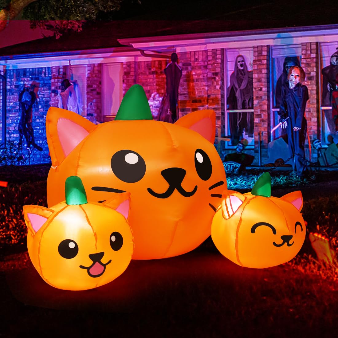 5FT Inflatable Three Pumpkin Cat Head with Built-in LEDs K982703
