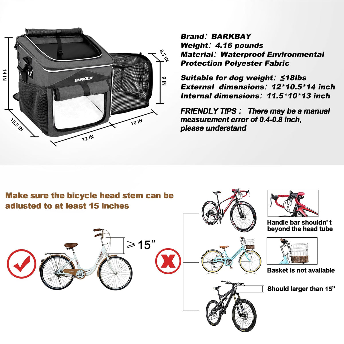 Foldable Soft-Sided Dog Bike Basket Carrier with 2 Open Doors F76999