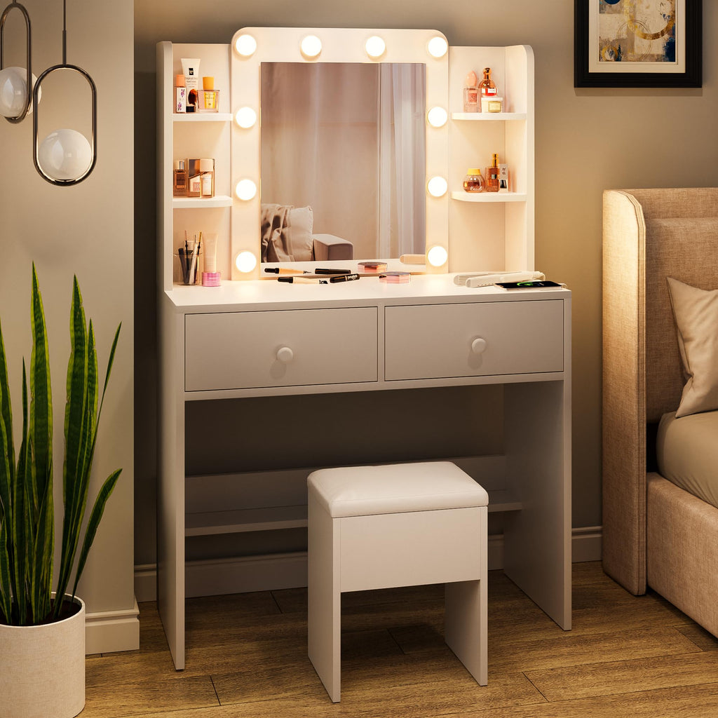 White Vanity Desk with Lighted Mirror and Chair T192
