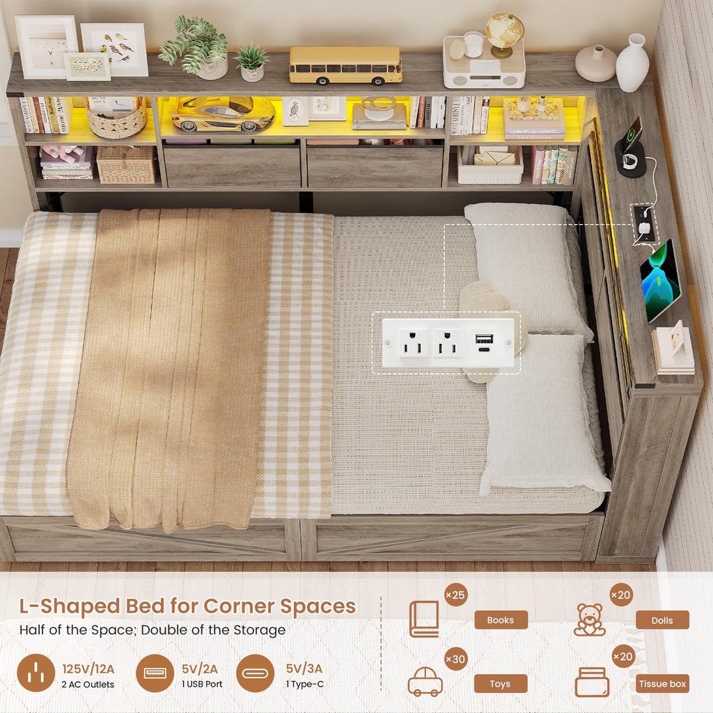 Twin Corner Bed Daybed with 6 Storage Drawers Grey D368