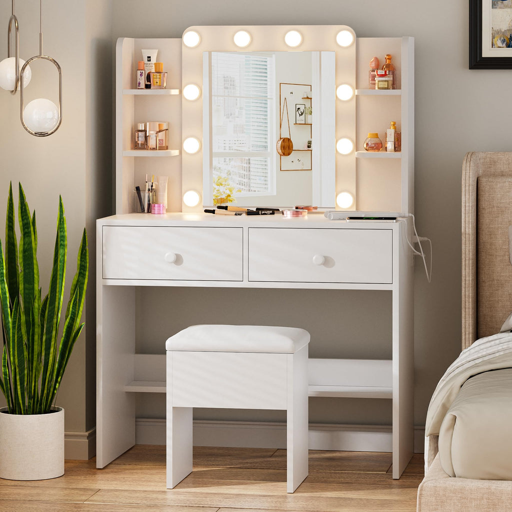 White Vanity Desk with Lighted Mirror and Chair T192