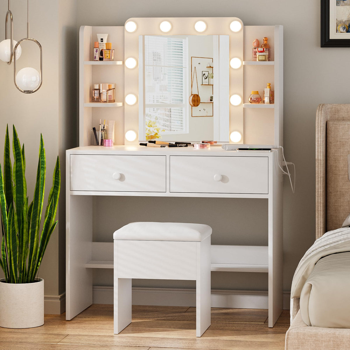 White Vanity Desk with Lighted Mirror and Chair T192