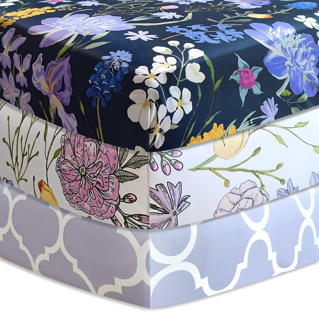 Soft Floral Crib Sheets 3 Pack 28'' X 52'' Fitted Microfiber Violet F50879