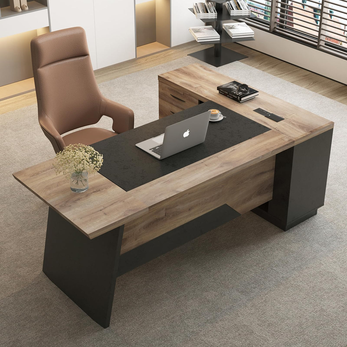 Black and Wood L Shape Executive Desk with Drawers and Shelves Z82890
