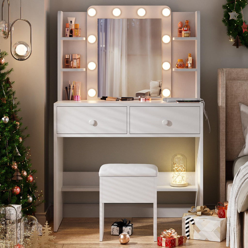 White Vanity Desk with Lighted Mirror and Chair T192