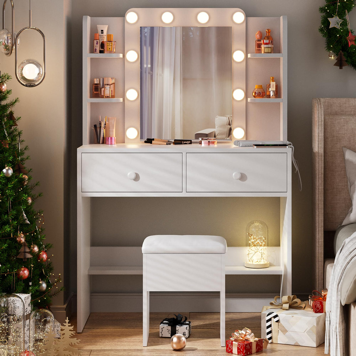 White Vanity Desk with Lighted Mirror and Chair T192