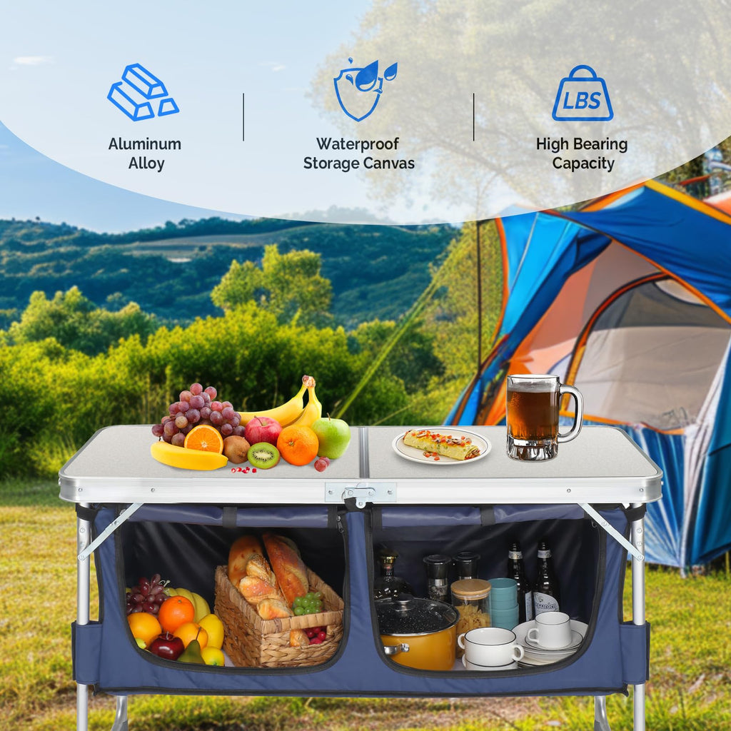 Folding Camping Table with Storage, 3 Height Adjustable, Lightweight, 4 Ft Aluminum J197
