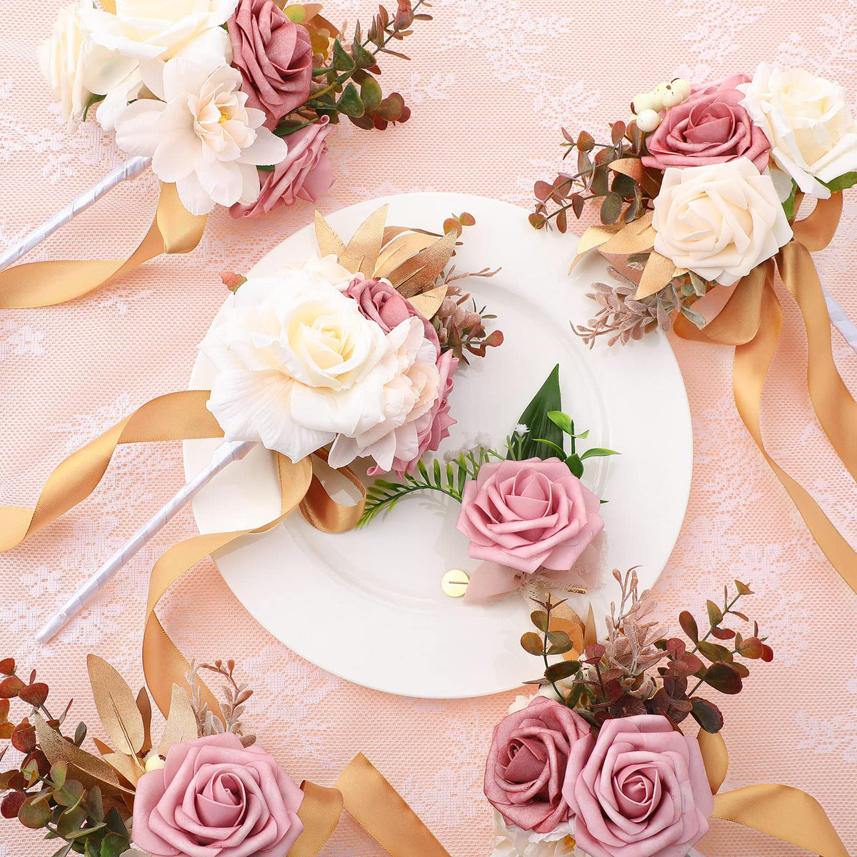 12 Pcs Artificial Bouquets and Boutonniere Set Rose White S155151