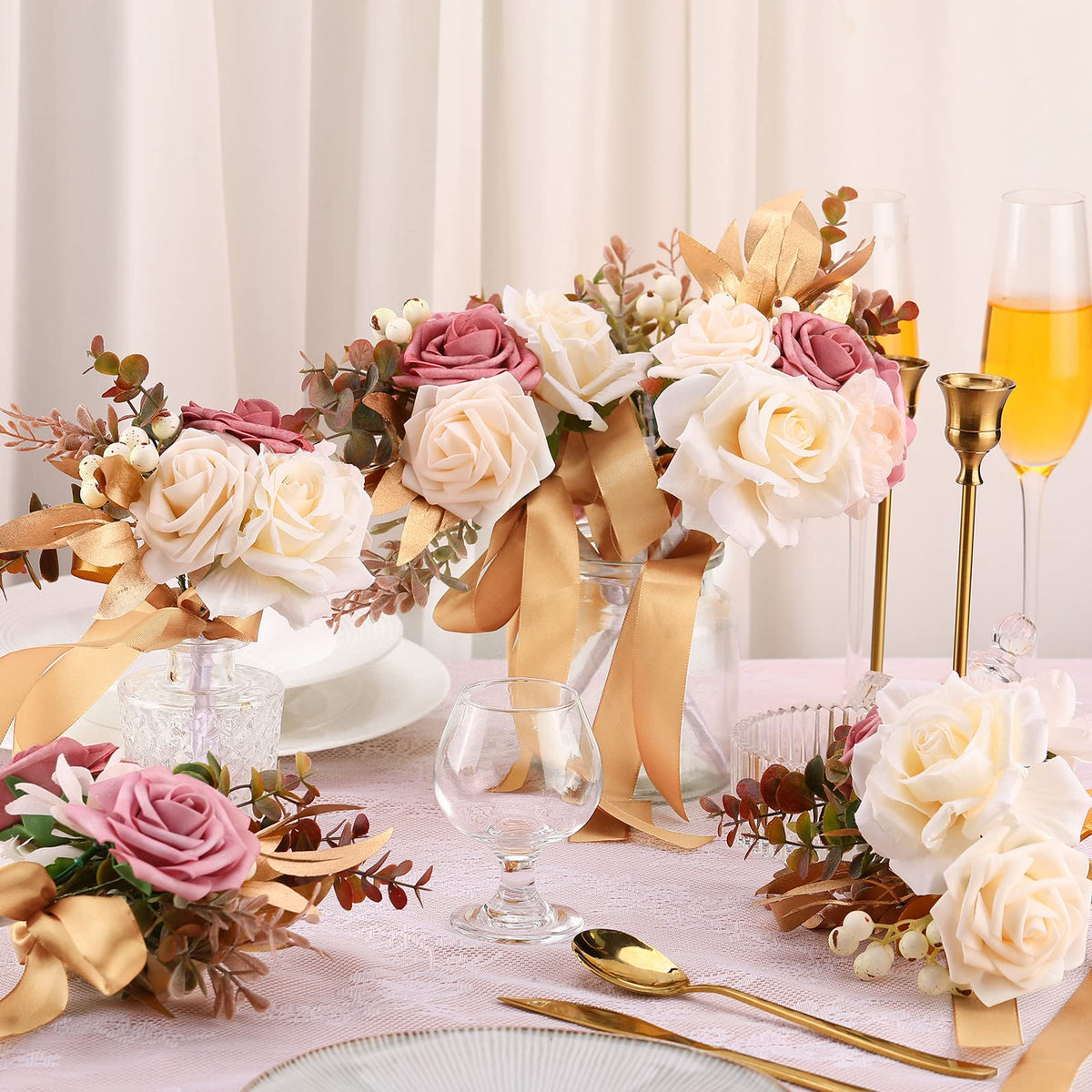 12 Pcs Artificial Bouquets and Boutonniere Set Rose White S155151