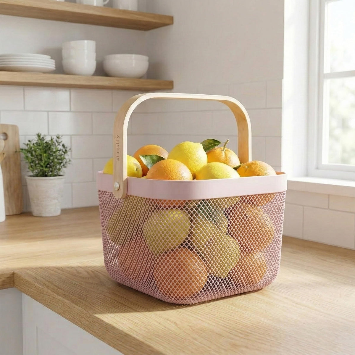 Small Mesh Storage Basket with Wooden Handle G315