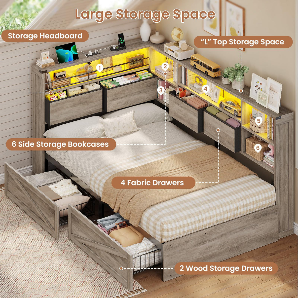 Twin Corner Bed Daybed with 6 Storage Drawers Grey D368