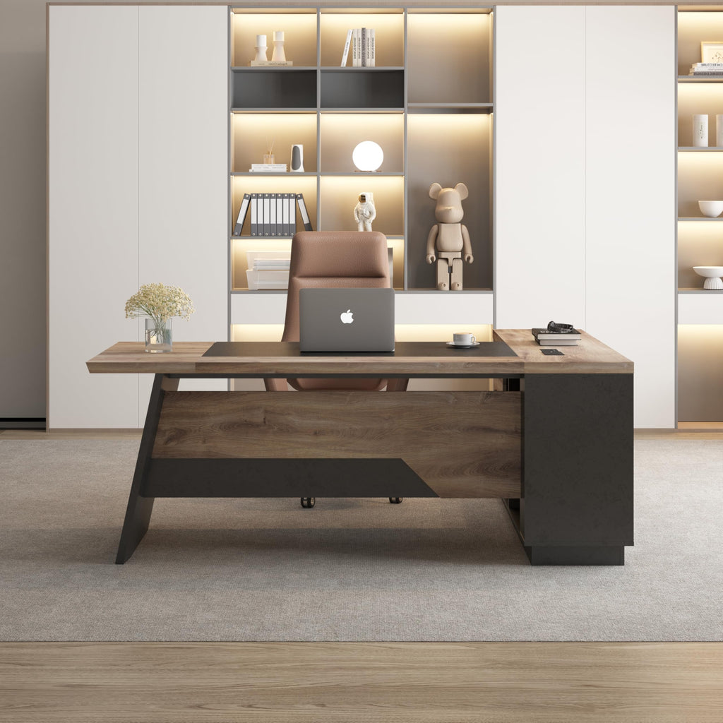 Black and Wood L Shape Executive Desk with Drawers and Shelves Z82890