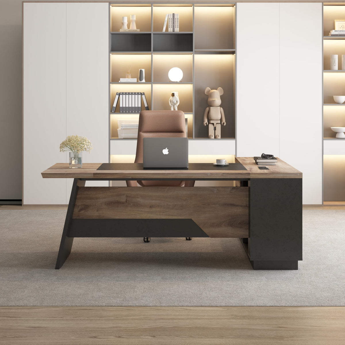 Black and Wood L Shape Executive Desk with Drawers and Shelves Z82890
