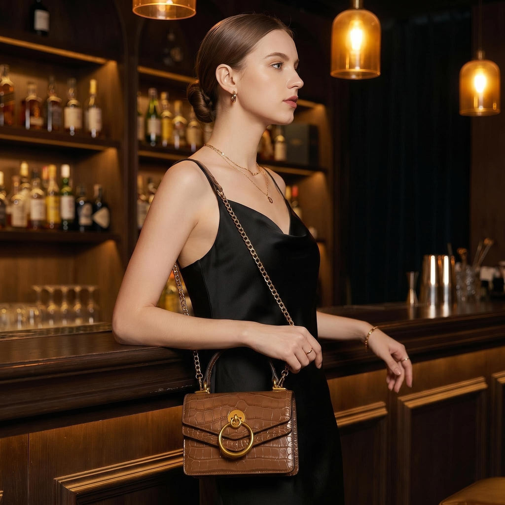 Croc Embossed Top Handle Leather Mini Crossbody Handbag U11223