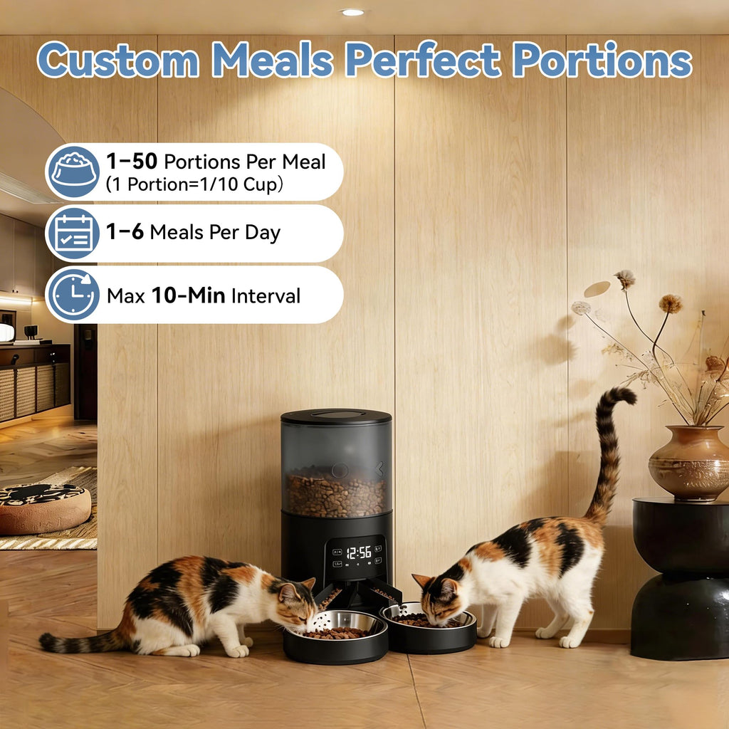 6L Automatic Cat Feeder with 2 Stainless Bowls Black Y458