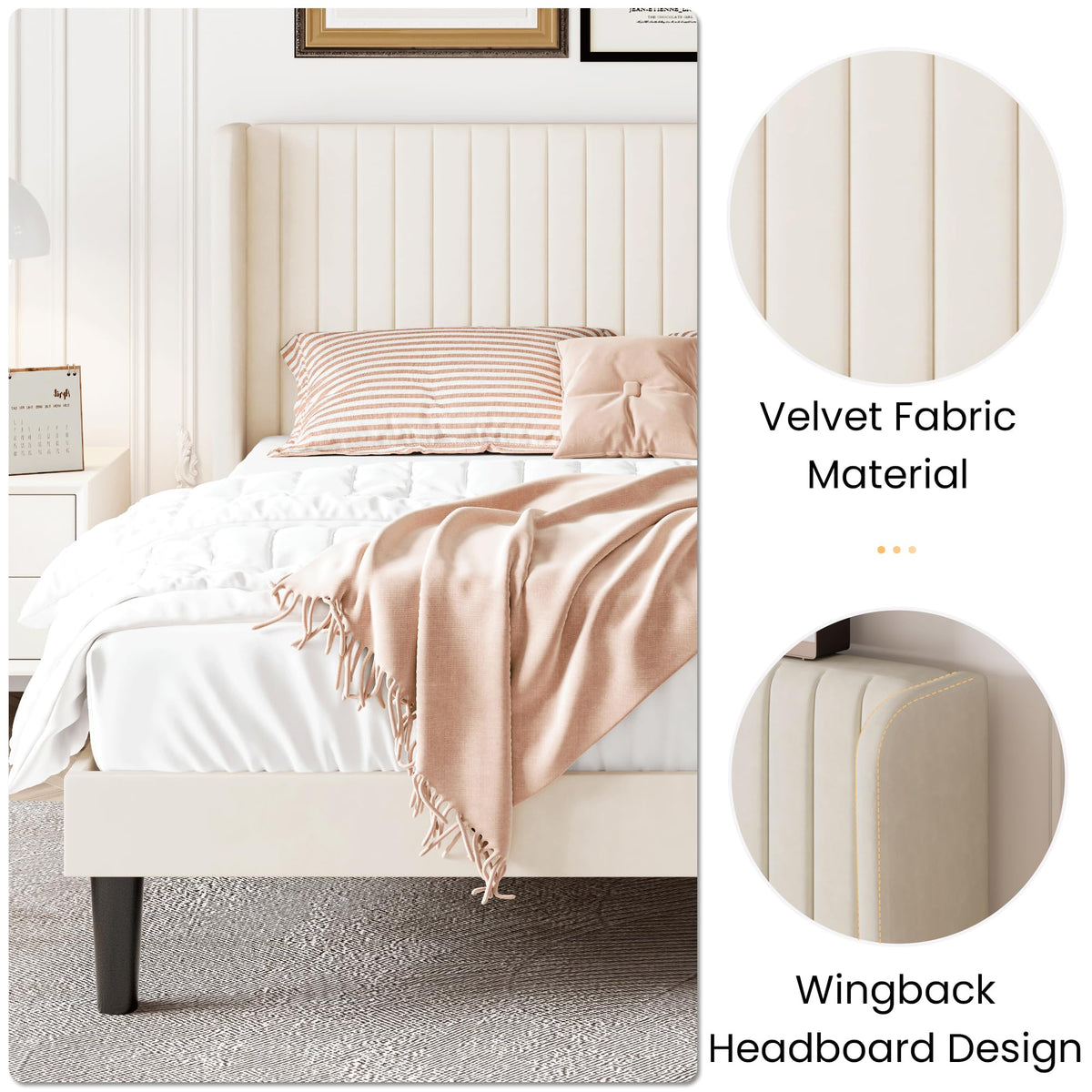 Queen Size Cream Velvet Bed Frame A54023