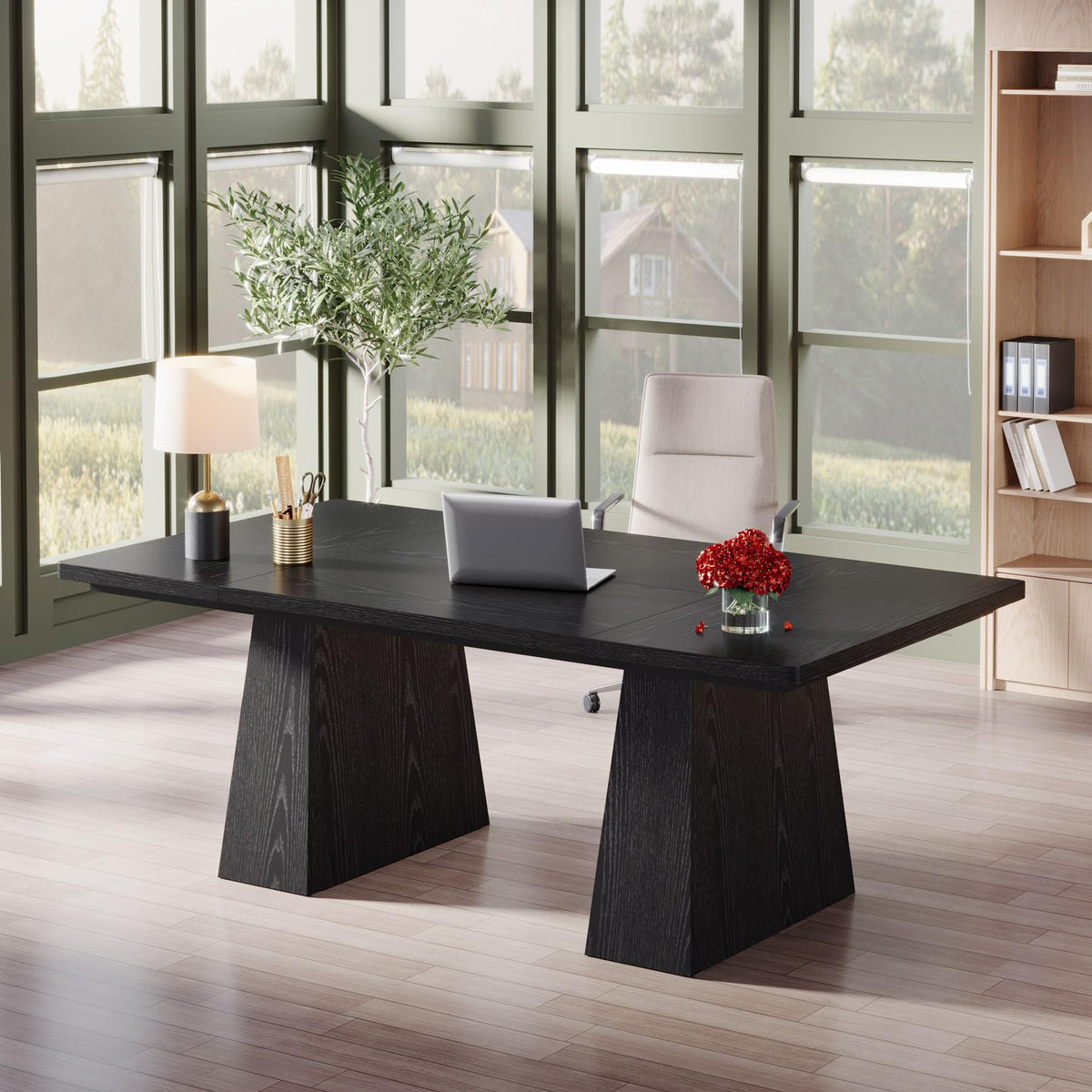 63-Inch Black Executive Desk with Double Pedestal V14961