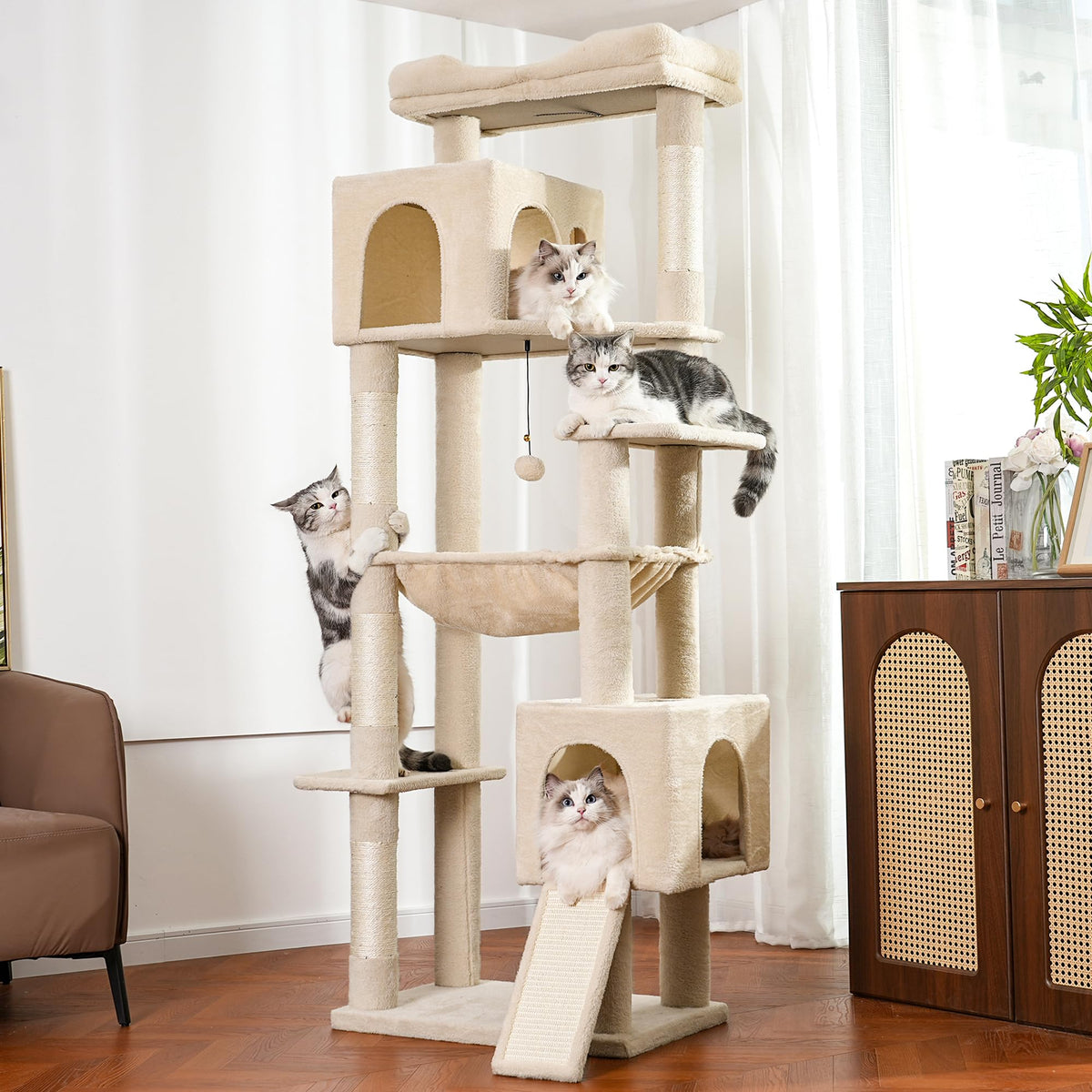 Beige Cat Tree with Hammock and Bed O8439