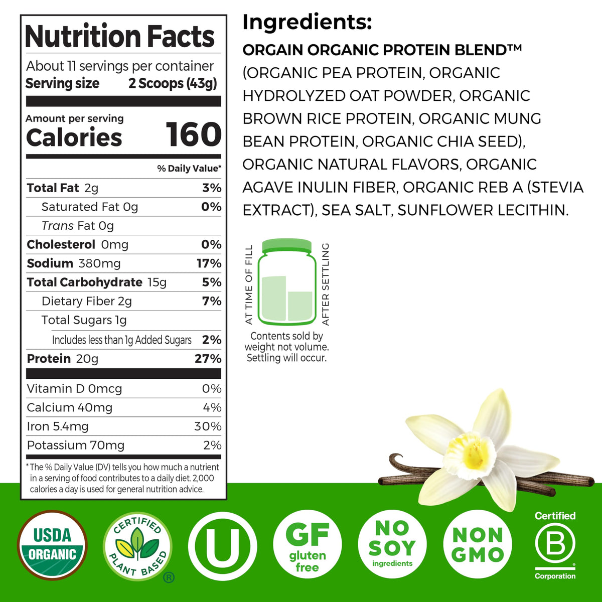 Organic Vegan Protein Powder + Oat Milk, Vanilla Bean, 20g Plant Based Protein, 1.05lb H949