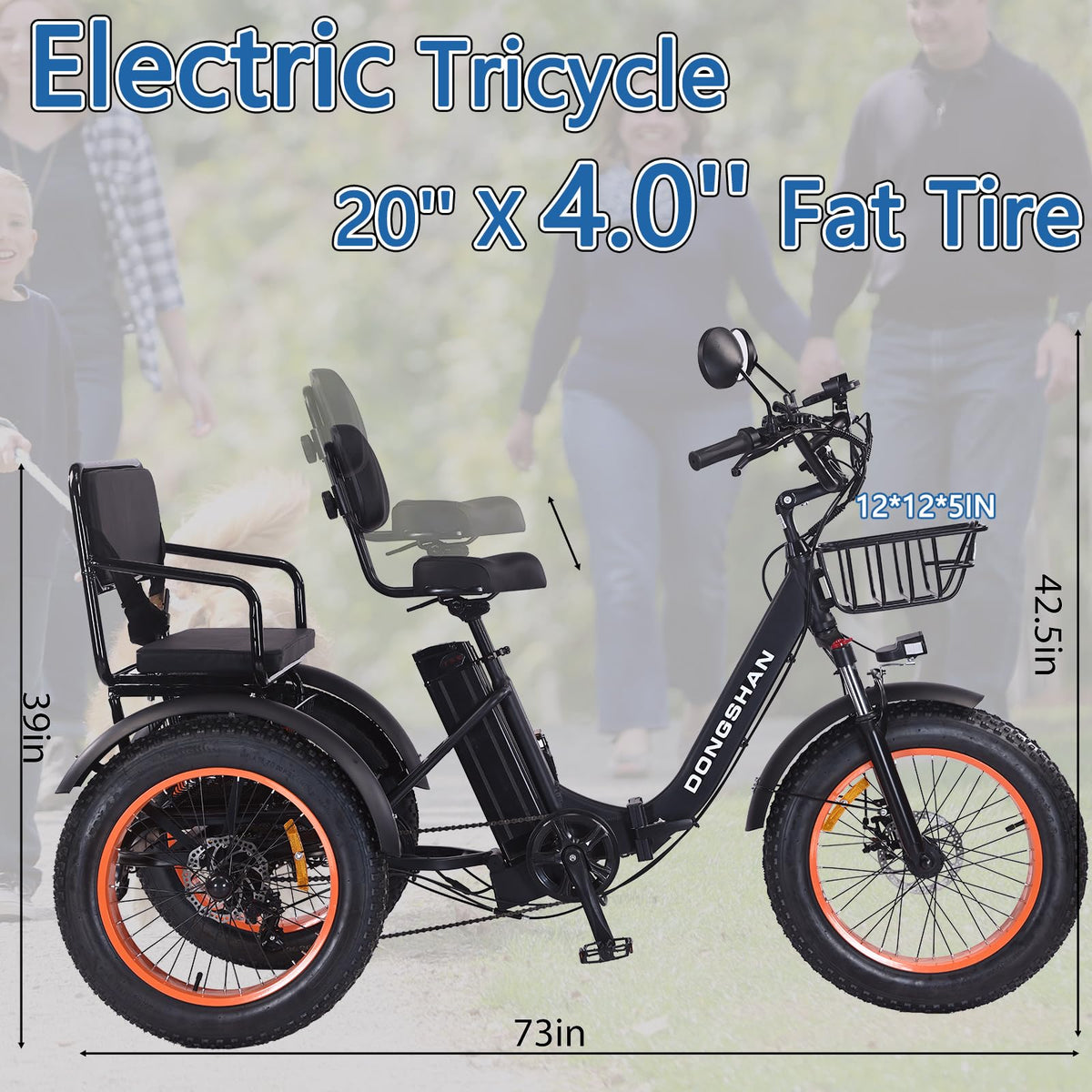 20"x4.0" Fat Tire 750W Folding Electric Tricycle 48V 15Ah Aluminum 7-Speed J8075