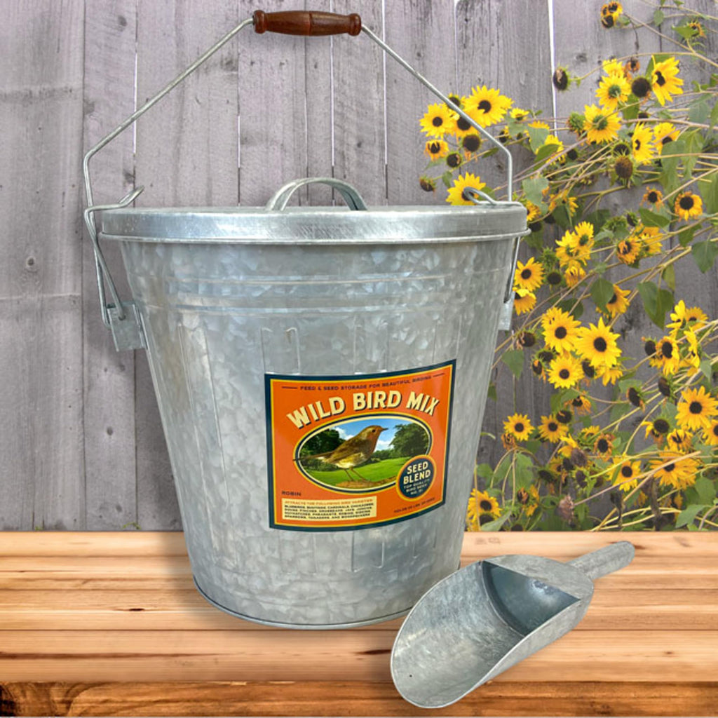 Galvanized Steel Bird Seed Storage Bucket Bin with Scoop H4169