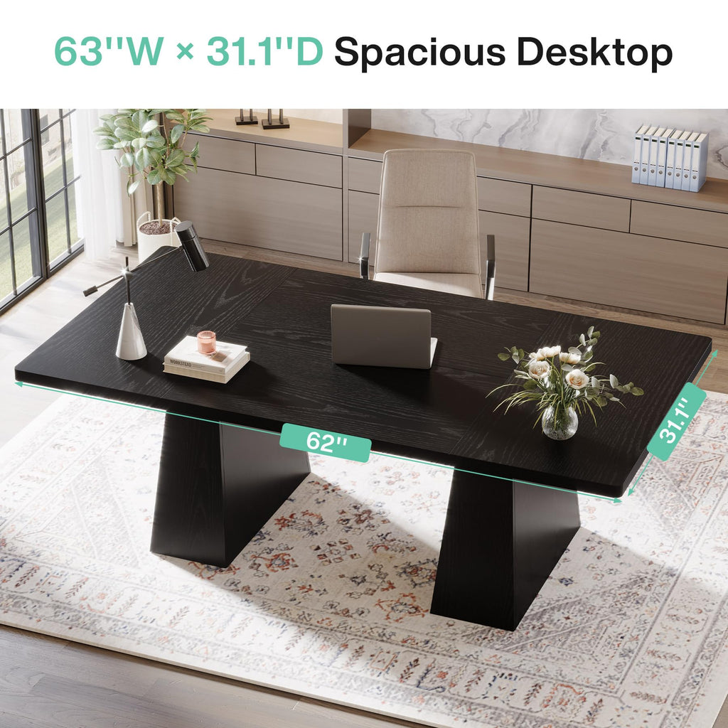 63-Inch Black Executive Desk with Double Pedestal V14961