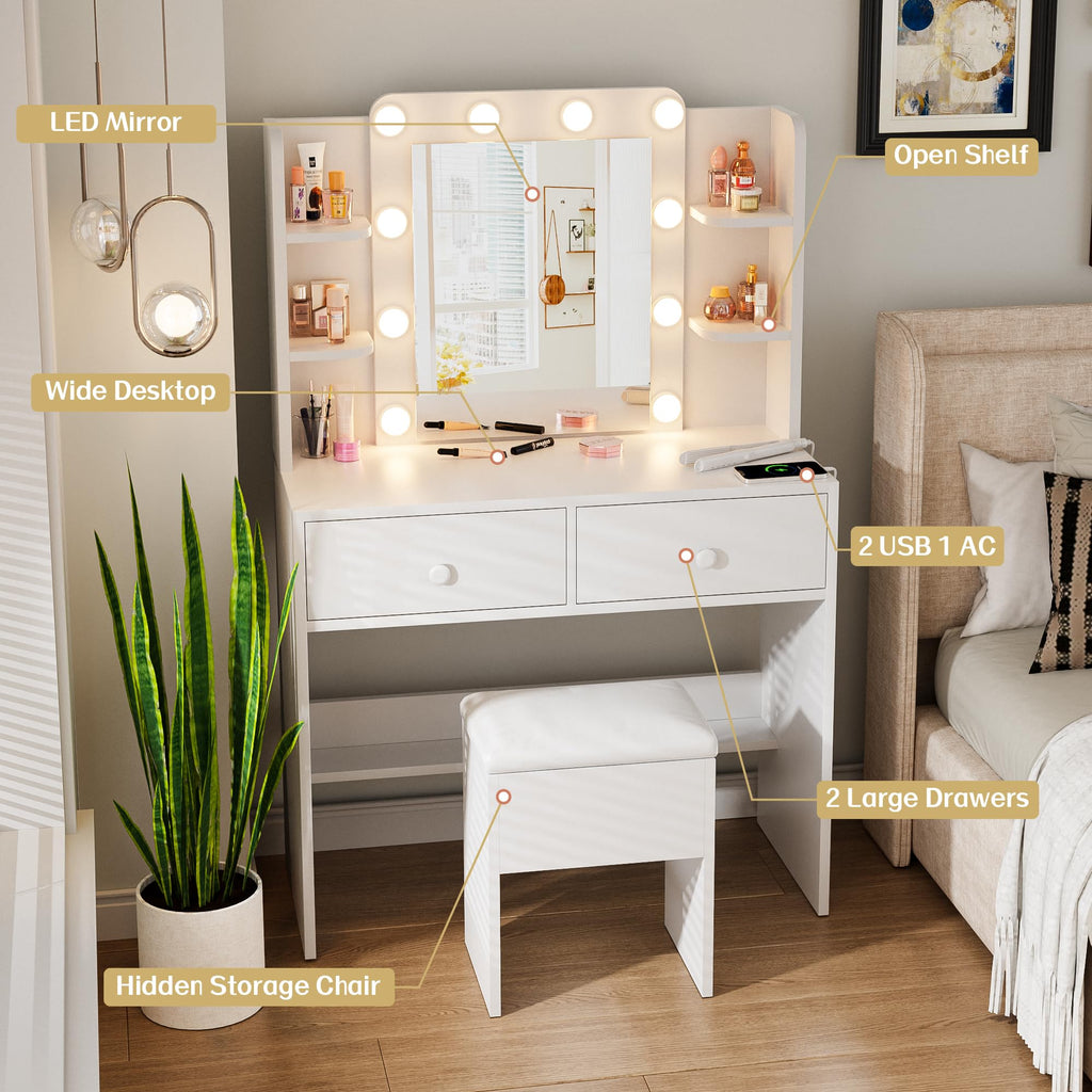 White Vanity Desk with Lighted Mirror and Chair T192