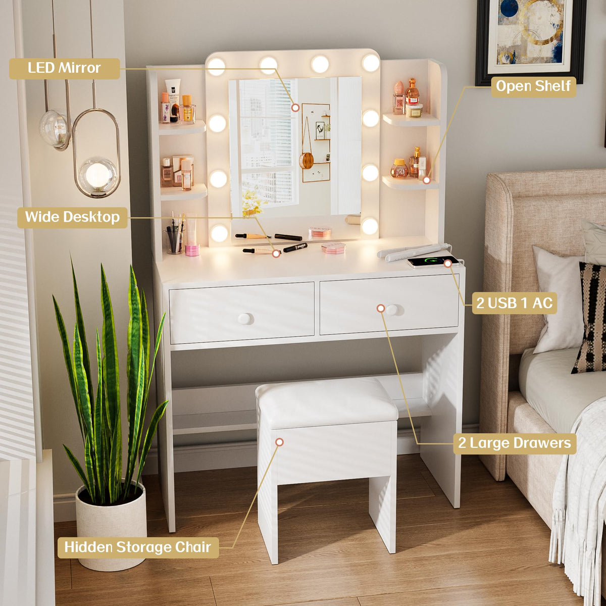 White Vanity Desk with Lighted Mirror and Chair T192