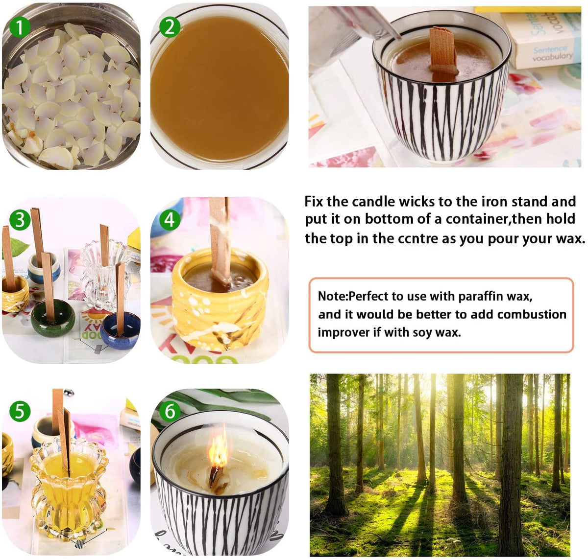 100 pcs 6 inch Wooden Candle Wicks with Metal Base Clip X254