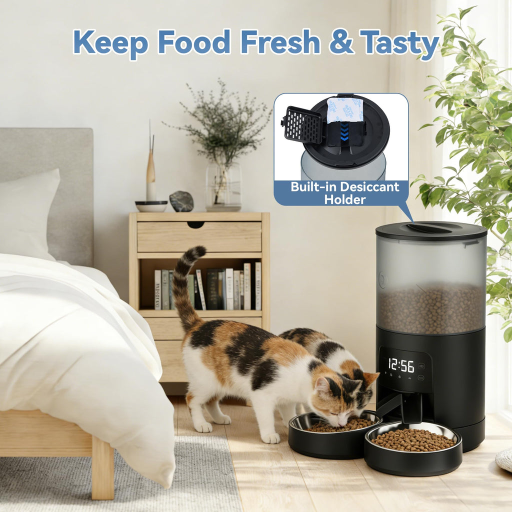 6L Automatic Cat Feeder with 2 Stainless Bowls Black Y458