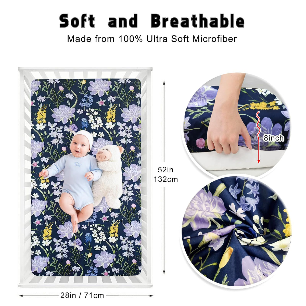 Soft Floral Crib Sheets 3 Pack 28'' X 52'' Fitted Microfiber Violet F50879