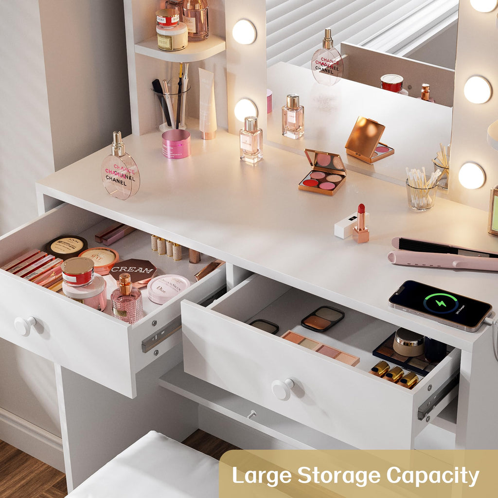 White Vanity Desk with Lighted Mirror and Chair T192