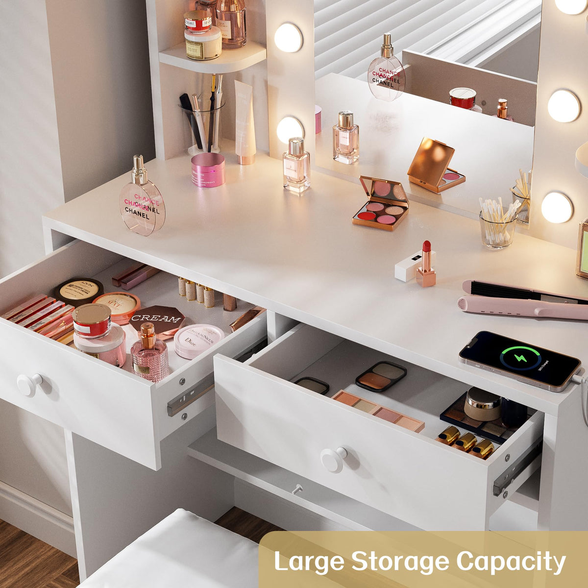 White Vanity Desk with Lighted Mirror and Chair T192