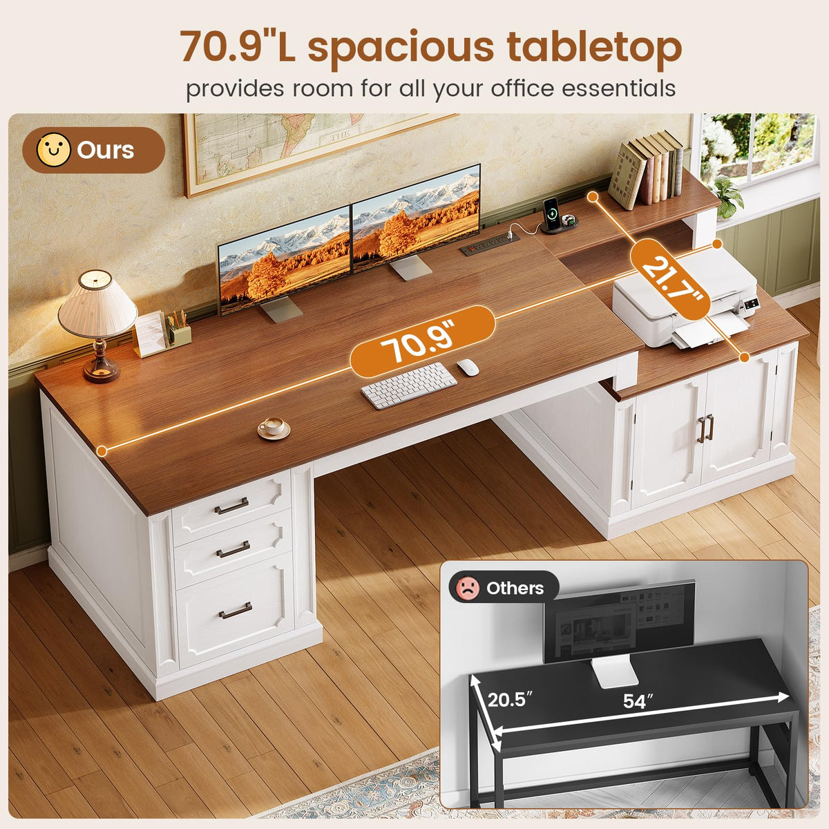 70.9" Executive Desk with File Drawers and Storage Cabinet X6402